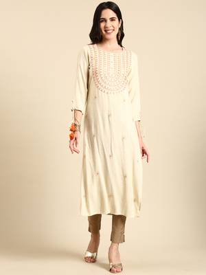 women's calf length round neck cream embellished straight kurta 1