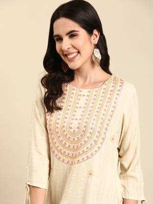 women's calf length round neck cream embellished straight kurta 2