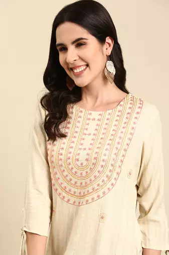 women's calf length round neck cream embellished straight kurta