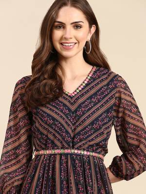 women's calf length v-neck navy blue floral anarkali kurta 1