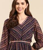 women's calf length v-neck navy blue floral anarkali kurta