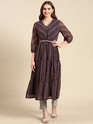 women's calf length v-neck navy blue floral anarkali kurta 2