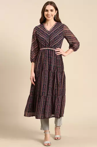women's calf length v-neck navy blue floral anarkali kurta