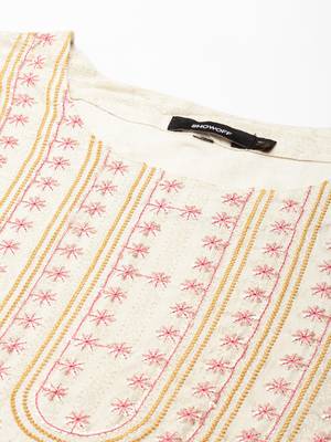 women's calf length round neck cream embellished straight kurta 3