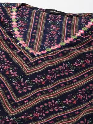 women's calf length v-neck navy blue floral anarkali kurta 3