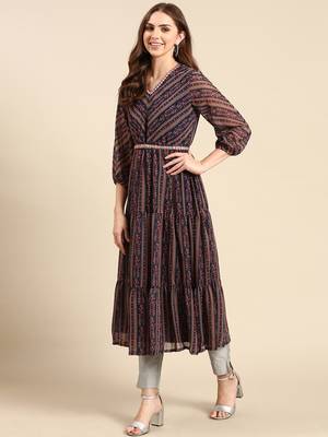 women's calf length v-neck navy blue floral anarkali kurta 5