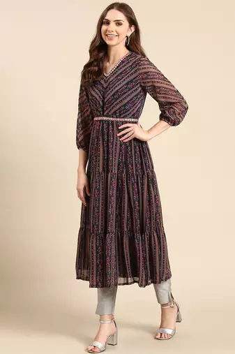 women's calf length v-neck navy blue floral anarkali kurta