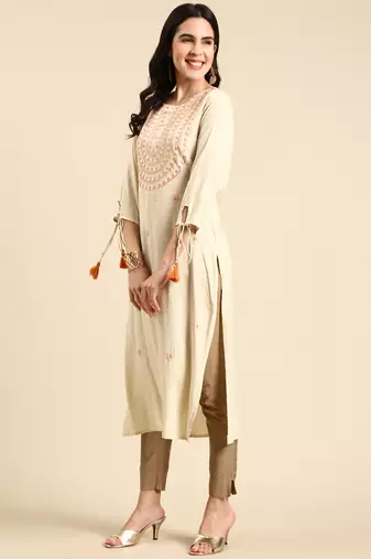 women's calf length round neck cream embellished straight kurta