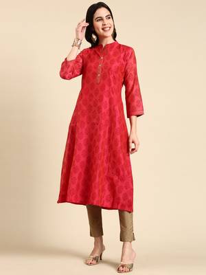women's calf length mandarin collar pink ethnic motifs a-line kurta 1