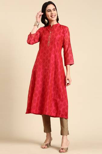 women's calf length mandarin collar pink ethnic motifs a-line kurta