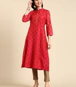 women's calf length mandarin collar pink ethnic motifs a-line kurta