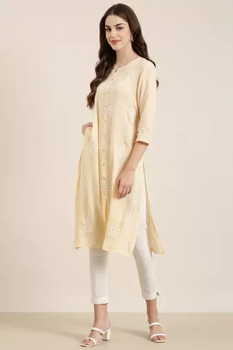 women's calf length round neck peach floral a-line kurta