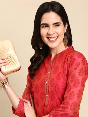 women's calf length mandarin collar pink ethnic motifs a-line kurta 2