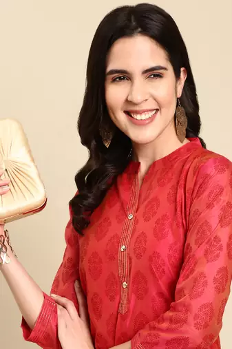 women's calf length mandarin collar pink ethnic motifs a-line kurta