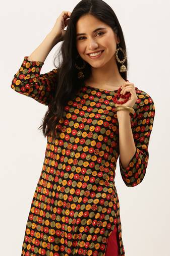women's calf length round neck black embellished straight kurta