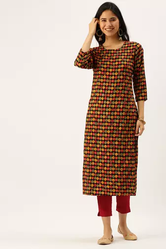 women's calf length round neck black embellished straight kurta