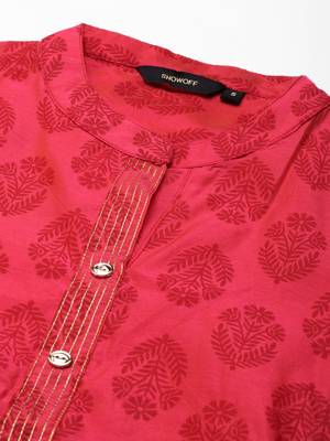 women's calf length mandarin collar pink ethnic motifs a-line kurta 3