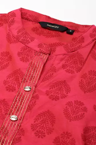 women's calf length mandarin collar pink ethnic motifs a-line kurta