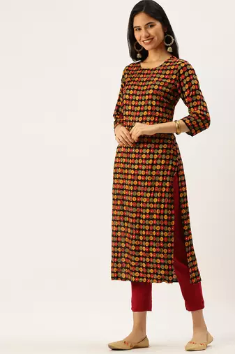 women's calf length round neck black embellished straight kurta