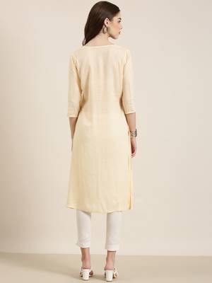 women's calf length round neck peach floral a-line kurta 5