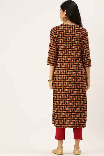 women's calf length round neck black embellished straight kurta