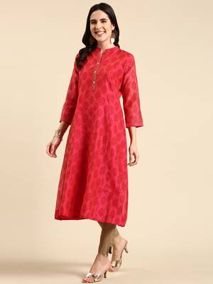 women's calf length mandarin collar pink ethnic motifs a-line kurta 5