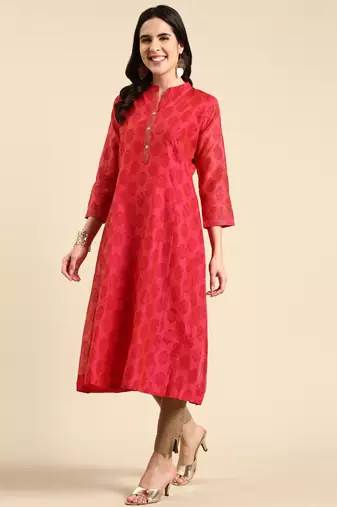 women's calf length mandarin collar pink ethnic motifs a-line kurta