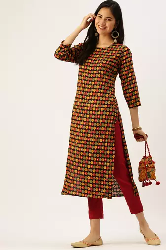 women's calf length round neck black embellished straight kurta