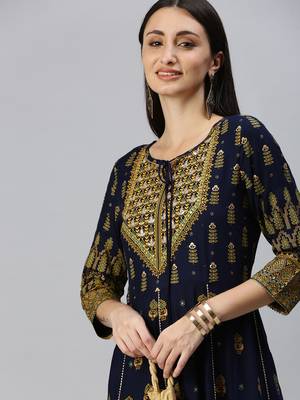 women's ankle length keyhole neck navy blue ethnic motifs anarkali kurta 1