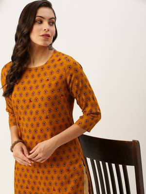 women's calf length round neck mustard ethnic motifs straight kurta 1