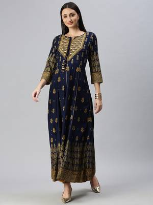 women's ankle length keyhole neck navy blue ethnic motifs anarkali kurta 2