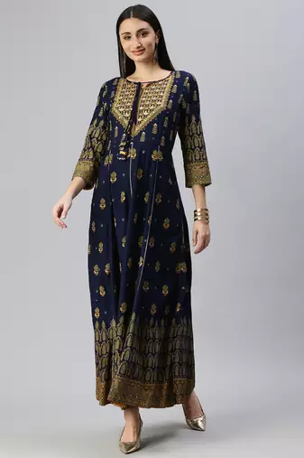 women's ankle length keyhole neck navy blue ethnic motifs anarkali kurta