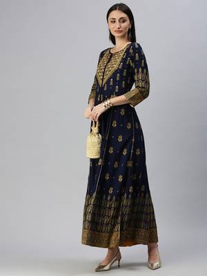 women's ankle length keyhole neck navy blue ethnic motifs anarkali kurta 3