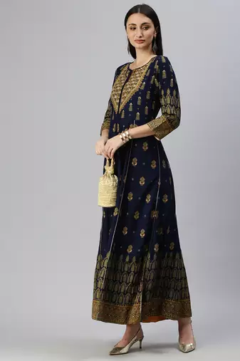 women's ankle length keyhole neck navy blue ethnic motifs anarkali kurta