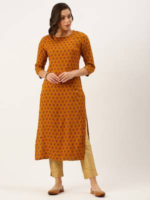 women's calf length round neck mustard ethnic motifs straight kurta 2