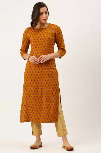 women's calf length round neck mustard ethnic motifs straight kurta