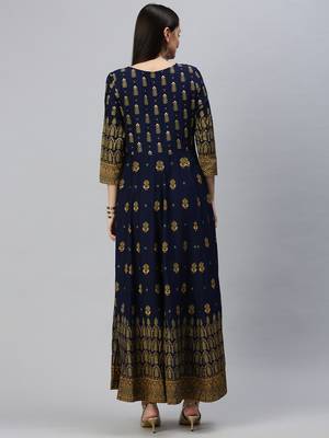 women's ankle length keyhole neck navy blue ethnic motifs anarkali kurta 4
