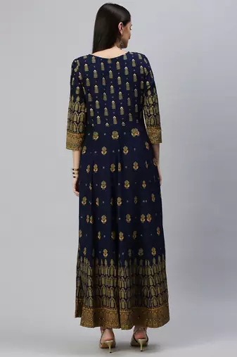 women's ankle length keyhole neck navy blue ethnic motifs anarkali kurta