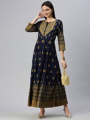 women's ankle length keyhole neck navy blue ethnic motifs anarkali kurta 5