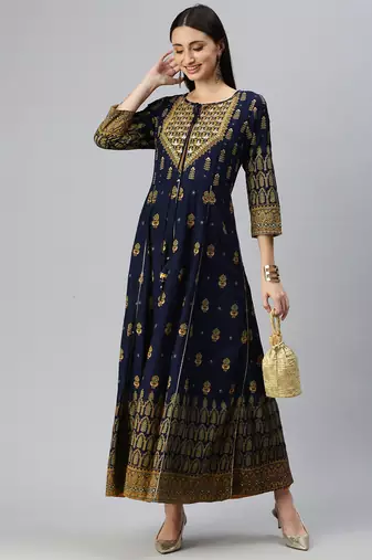 women's ankle length keyhole neck navy blue ethnic motifs anarkali kurta