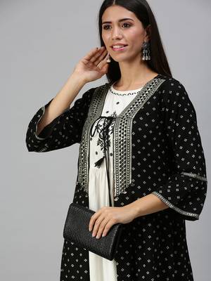 Showoff women's calf length round neck cream geometric anarkali kurta 1