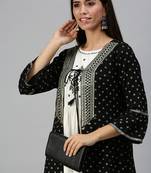 Showoff women's calf length round neck cream geometric anarkali kurta