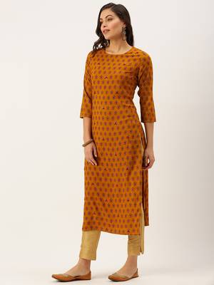 women's calf length round neck mustard ethnic motifs straight kurta 3
