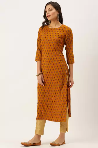 women's calf length round neck mustard ethnic motifs straight kurta