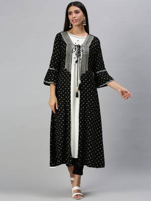 Showoff women's calf length round neck cream geometric anarkali kurta 2