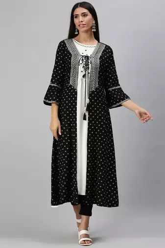 Showoff women's calf length round neck cream geometric anarkali kurta