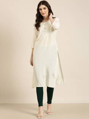 women's calf length round neck cream solid straight kurta 2