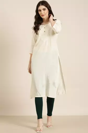 women's calf length round neck cream solid straight kurta