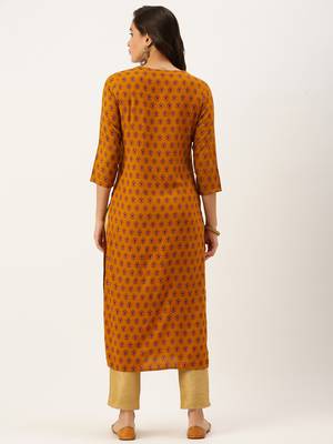women's calf length round neck mustard ethnic motifs straight kurta 4