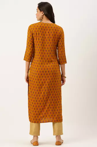 women's calf length round neck mustard ethnic motifs straight kurta